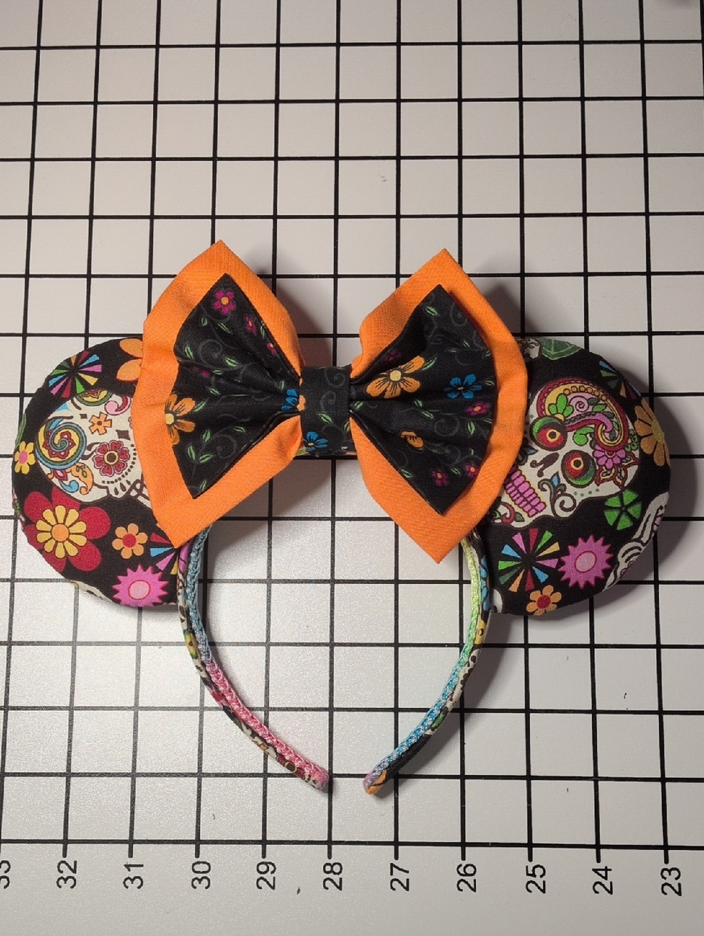 Day of the Dead Floral Mouse Ears Headband with Orange Bow